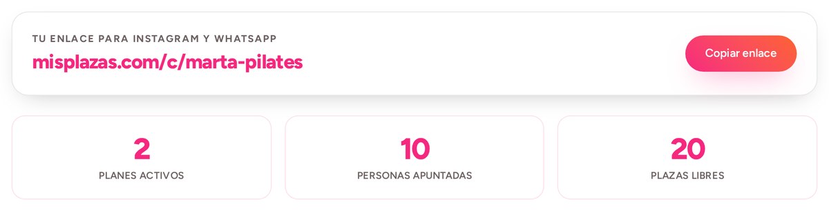 Tu enlace de MisPlazas listo para copiar, con los planes activos y las plazas libres